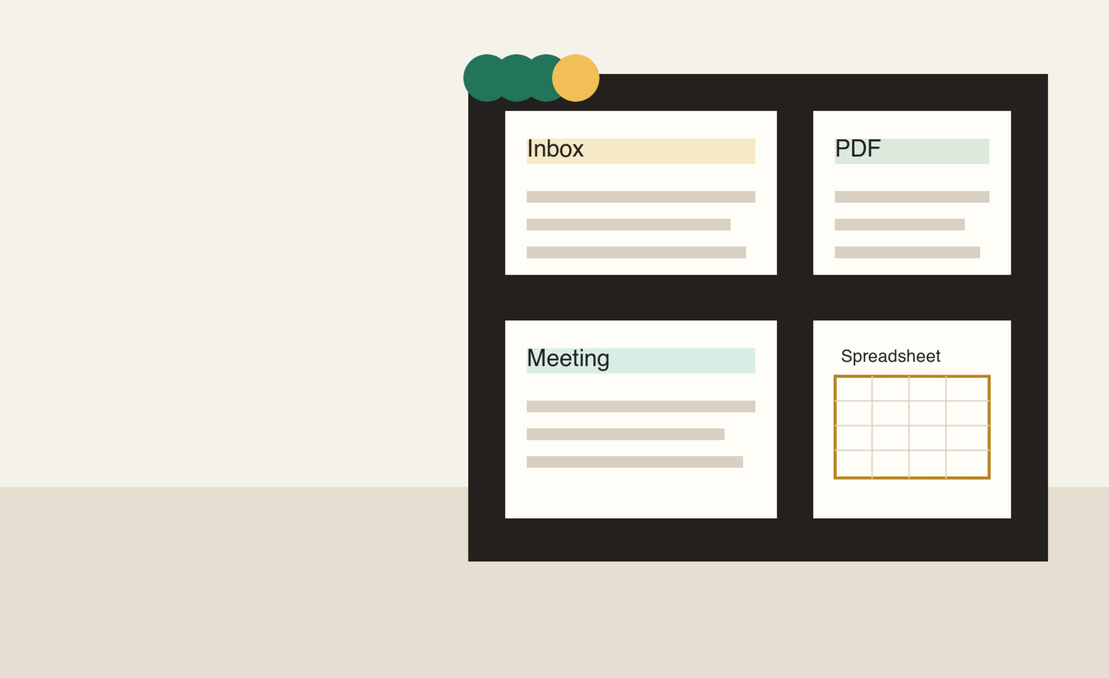 A desk-like workbench with documents, email cards, spreadsheet cells, and research notes arranged for Claude workflows.